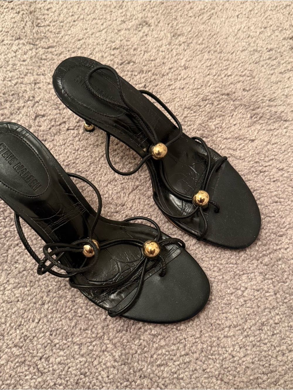Steve Madden Black Strappy Heeled Sandals with Gold Orbs